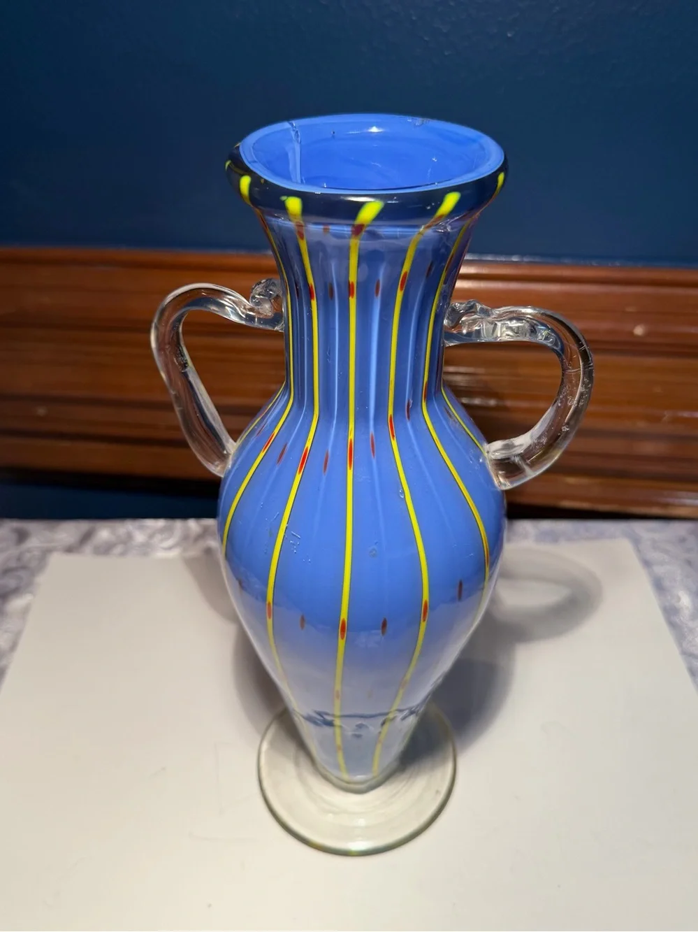 Vibrant Murano Style blue hand-blown art glass vase. Blue Yellow Red Stripes